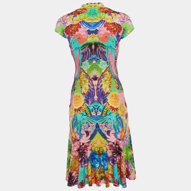 Pre Owned Roberto Cavalli Multicolor Print Jersey Cap Sleeve Midi Dress S