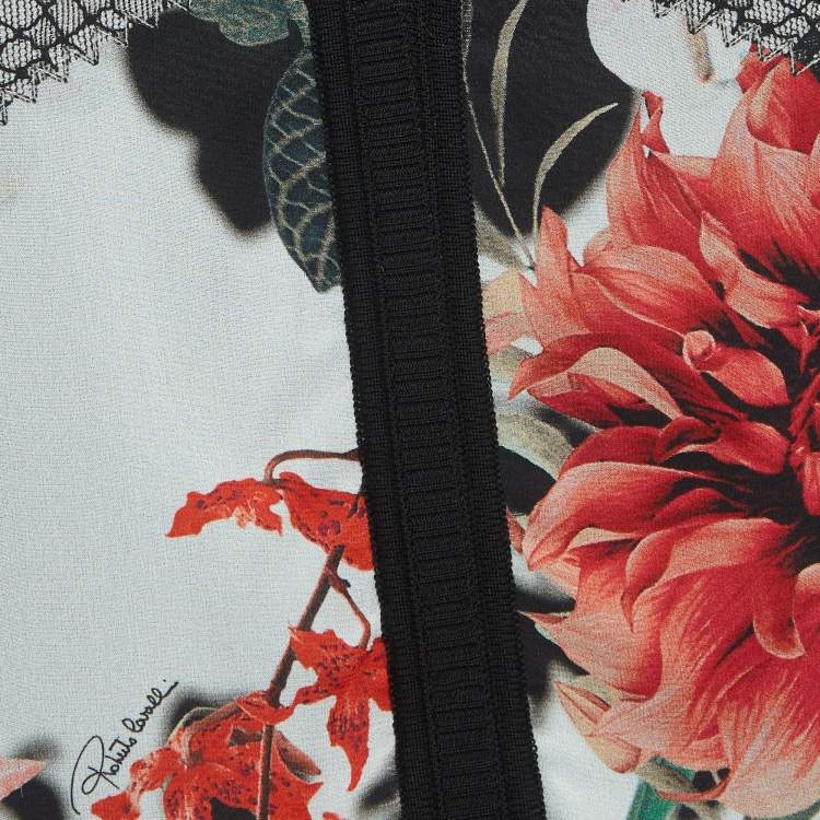 Pre Owned Roberto Cavalli Red/Black Floral Print Silk and Knit Buttoned Cardigan M