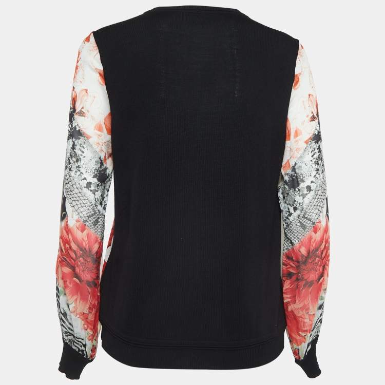 Pre Owned Roberto Cavalli Red/Black Floral Print Silk and Knit Buttoned Cardigan M