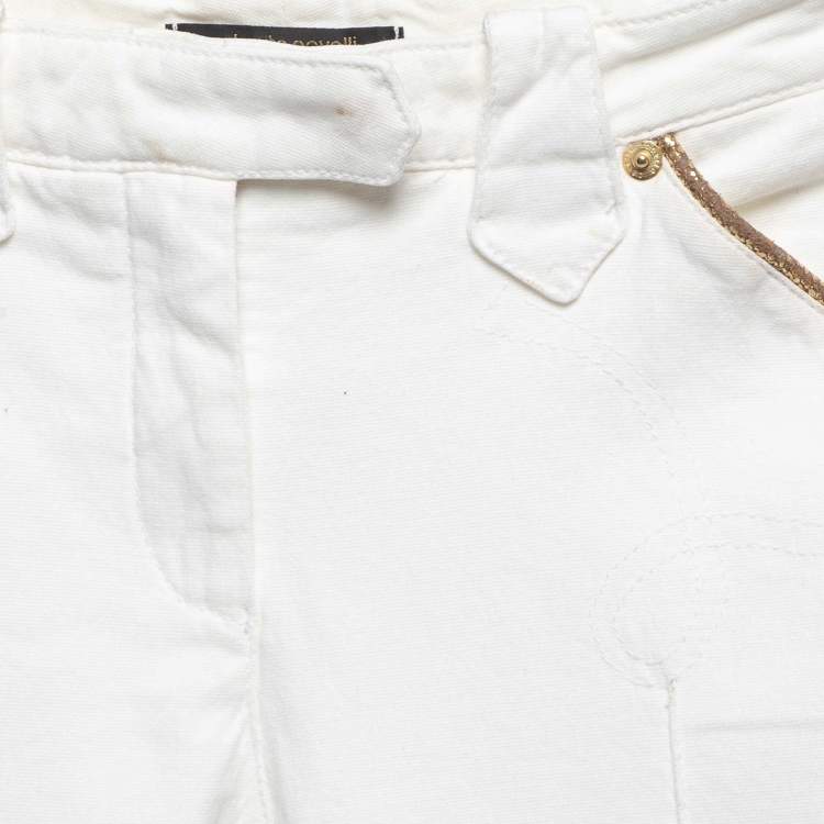 Pre Owned Roberto Cavalli White Contrast Trim Denim Buttoned Jeans XS