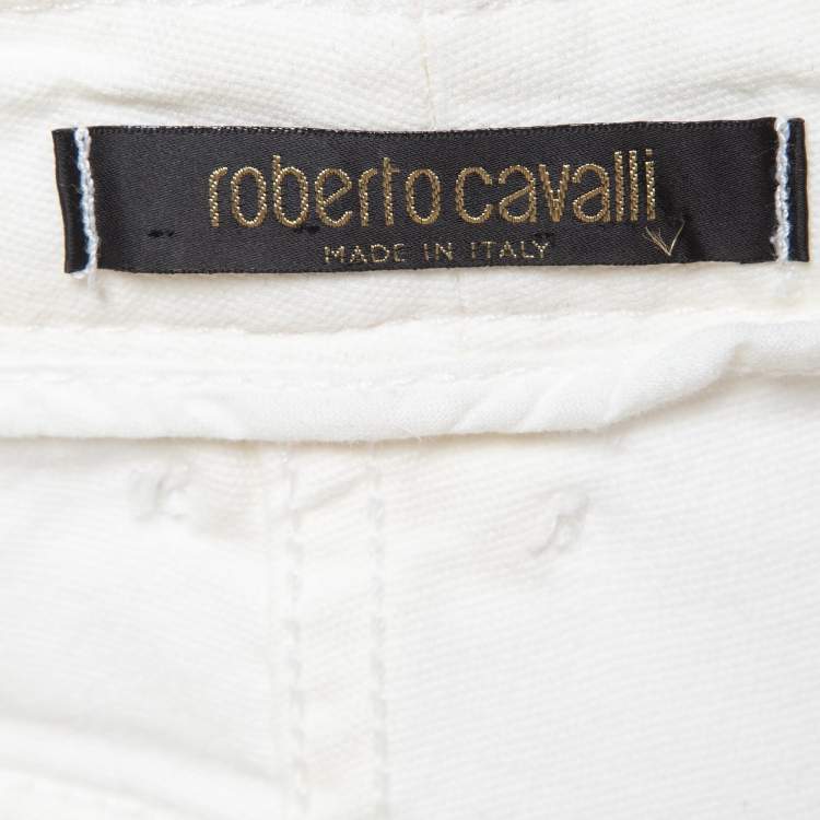 Pre Owned Roberto Cavalli White Contrast Trim Denim Buttoned Jeans XS