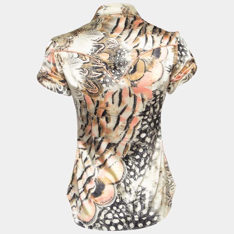 Pre Owned Roberto Cavalli Multicolor Printed Satin Silk Glitter Detail Shirt S