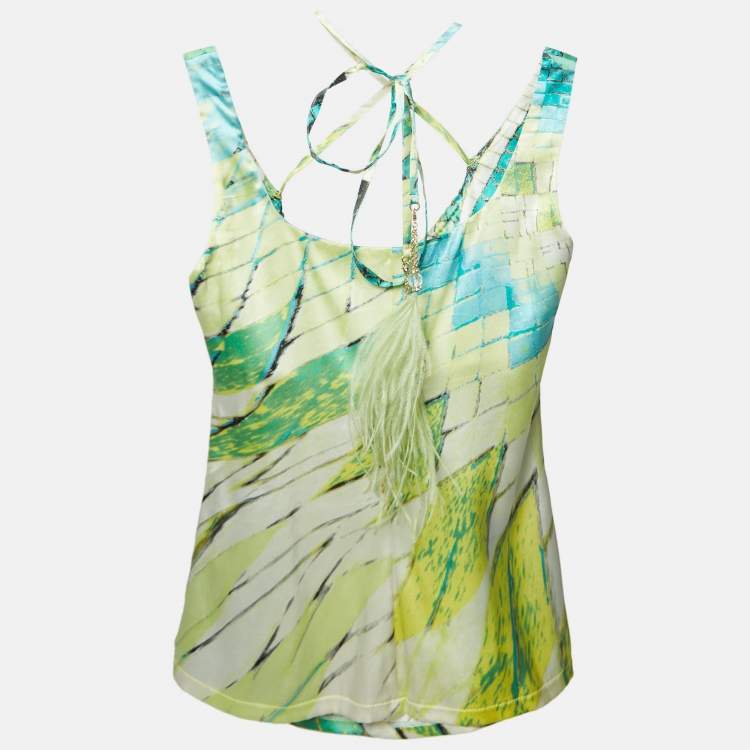 Pre Owned Roberto Cavalli Multicolor Print Stretch Silk Sleeveless Top S