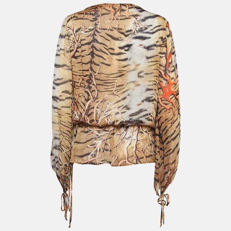 Pre Owned Roberto Cavalli Multicolor Animal Print Silk Lace Up Semi Sheer Blouse S   