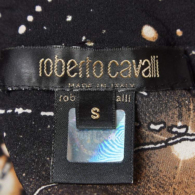 Pre Owned Roberto Cavalli Black Horoscope Print Silk Cold Shoulder Blouse S