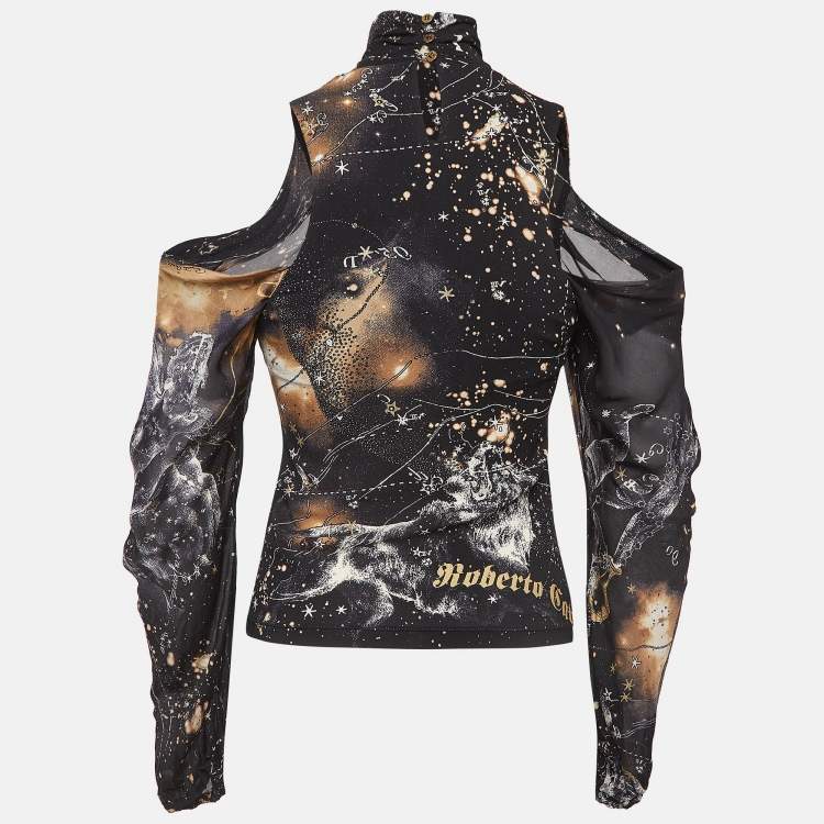 Pre Owned Roberto Cavalli Black Horoscope Print Silk Cold Shoulder Blouse S