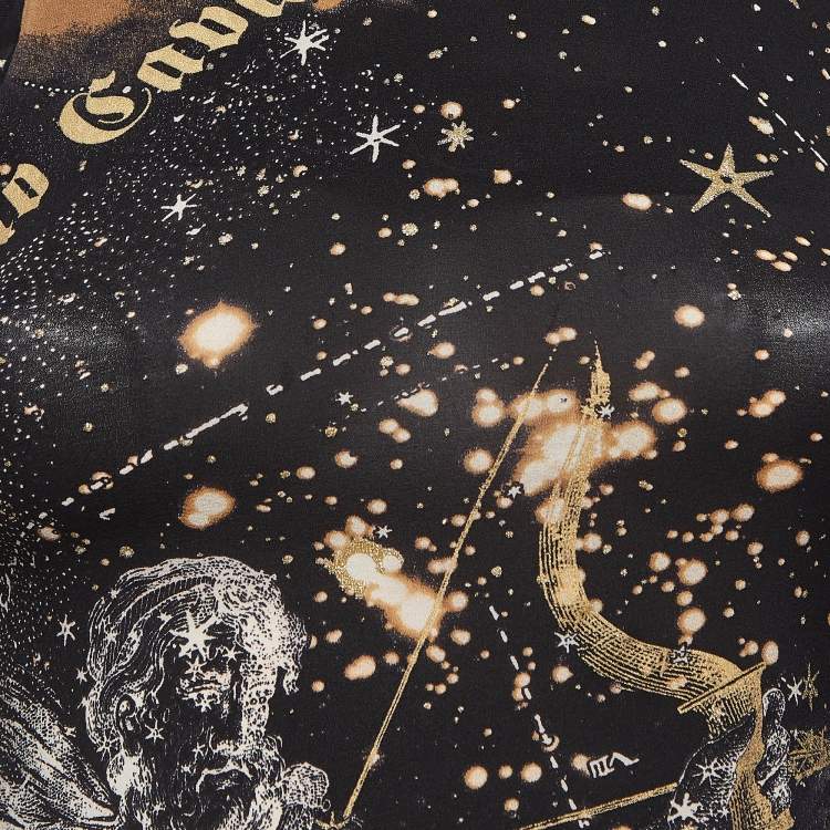 Pre Owned Roberto Cavalli Black Horoscope Print Silk Cold Shoulder Blouse S