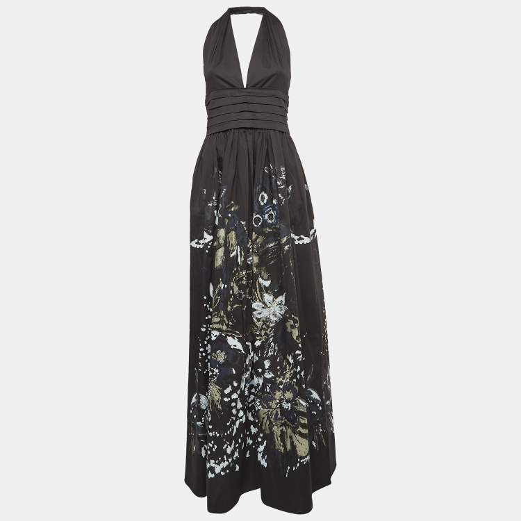 مملوكة مسبقًا Roberto Cavalli Black Floral Print Cotton Halter Neck Gown M
