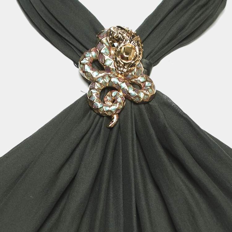 مملوكة مسبقًا Roberto Cavalli Green Snake Jeweled Silk Cut-Out Halter Neck Top S