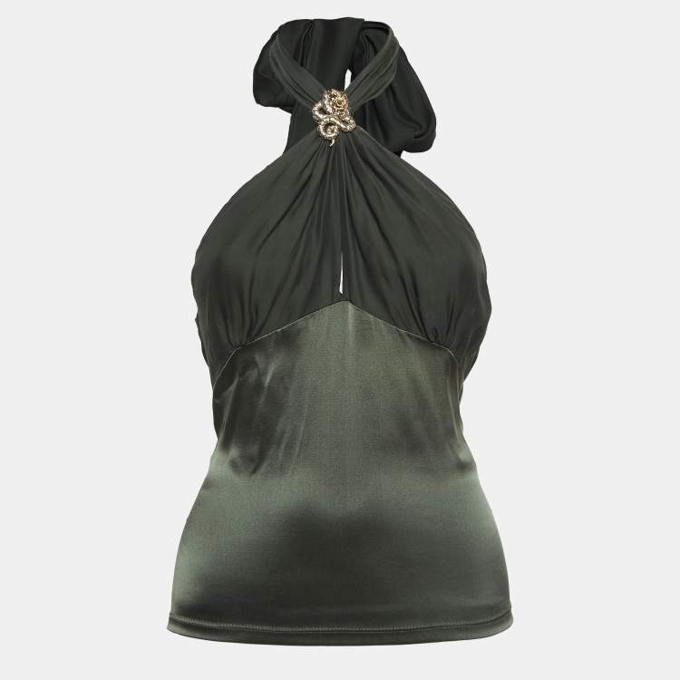 مملوكة مسبقًا Roberto Cavalli Green Snake Jeweled Silk Cut-Out Halter Neck Top S