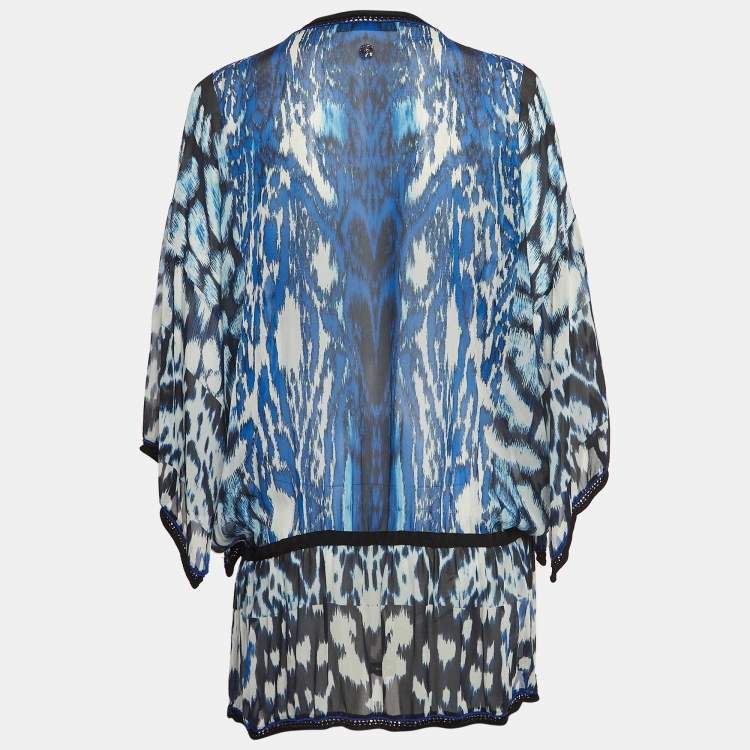 Pre Owned Roberto Cavalli Blue Printed Lace Trim Silk Tie-Up Waist Blouse S