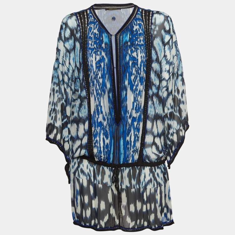 Pre Owned Roberto Cavalli Blue Printed Lace Trim Silk Tie-Up Waist Blouse S