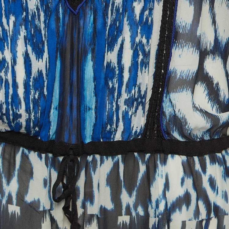 Pre Owned Roberto Cavalli Blue Printed Lace Trim Silk Tie-Up Waist Blouse S