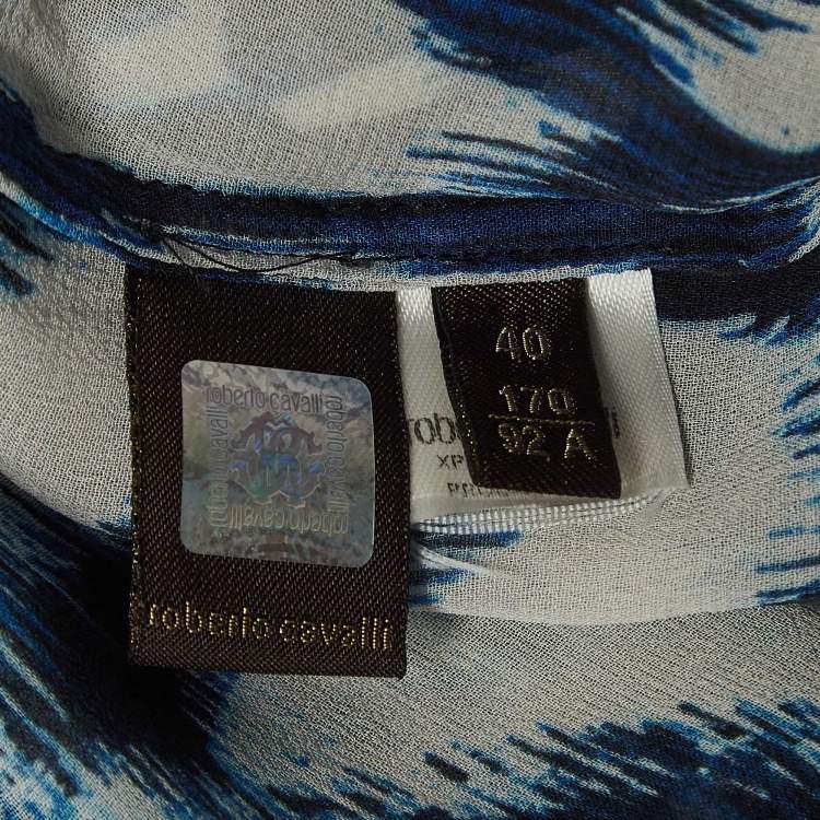 Pre Owned Roberto Cavalli Blue Printed Lace Trim Silk Tie-Up Waist Blouse S