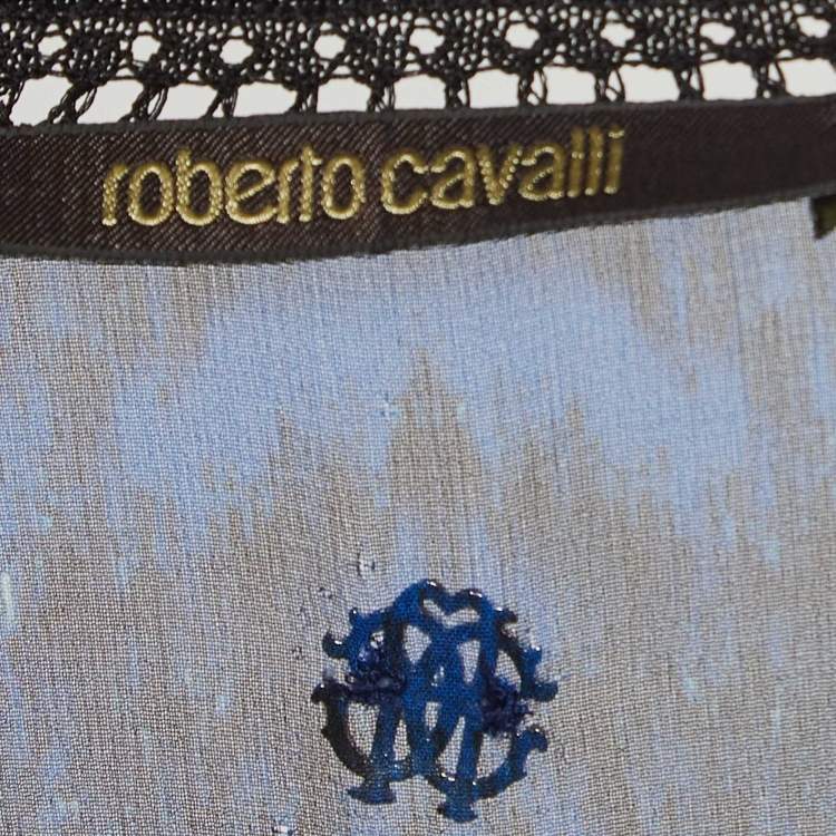 Pre Owned Roberto Cavalli Blue Printed Lace Trim Silk Tie-Up Waist Blouse S