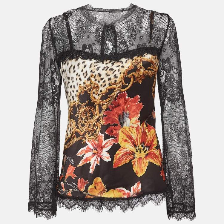 Pre Owned Roberto Cavalli Black Floral Print Lace Trim Satin Crochet Blouse L