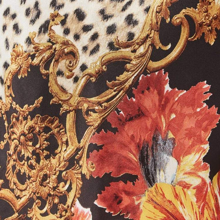 Pre Owned Roberto Cavalli Black Floral Print Lace Trim Satin Crochet Blouse L