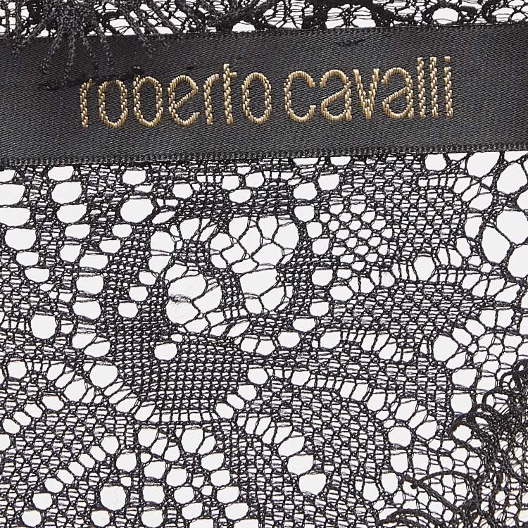Pre Owned Roberto Cavalli Black Floral Print Lace Trim Satin Crochet Blouse L