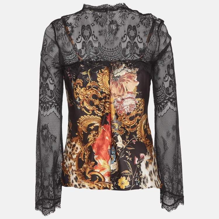 Pre Owned Roberto Cavalli Black Floral Print Lace Trim Satin Crochet Blouse L