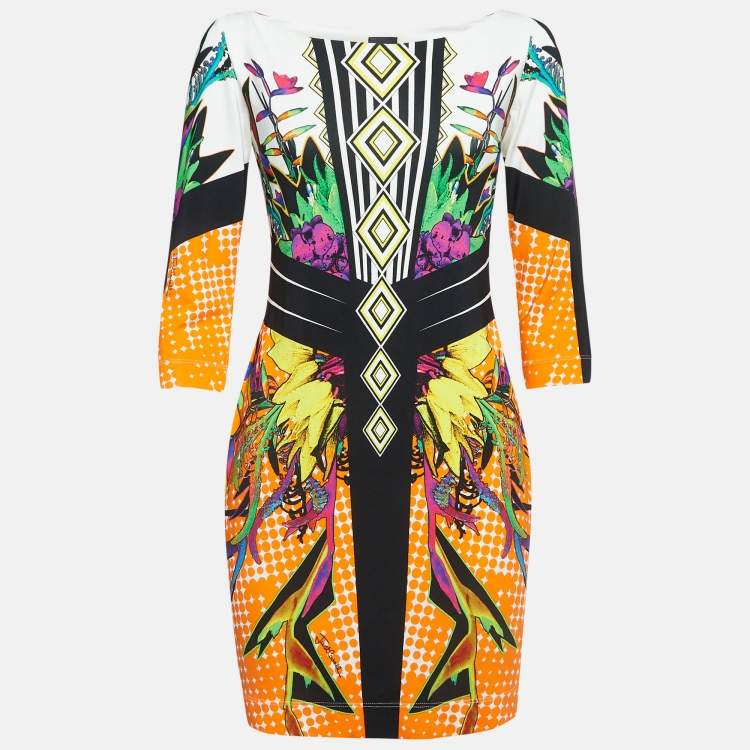 Pre Owned Roberto Cavalli Orange Printed Jersey Mini Dress L