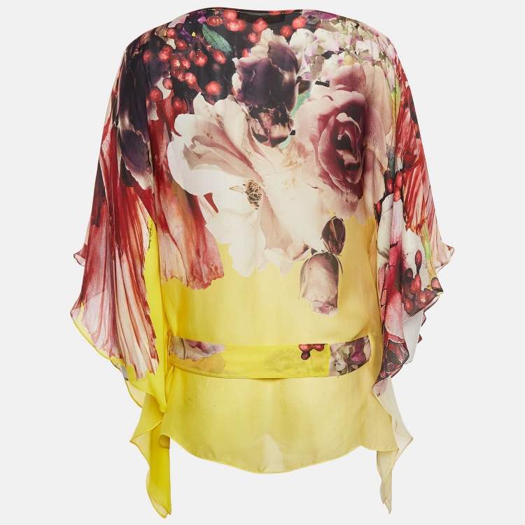 Pre Owned Roberto Cavalli Yellow Floral Print Silk Kaftan Top S