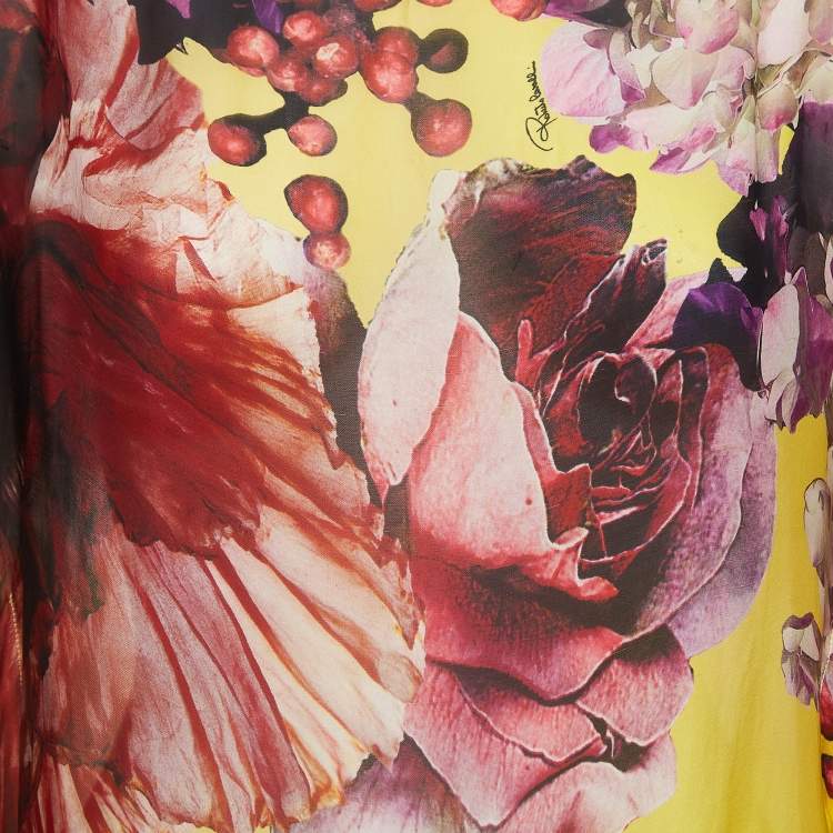 Pre Owned Roberto Cavalli Yellow Floral Print Silk Kaftan Top S