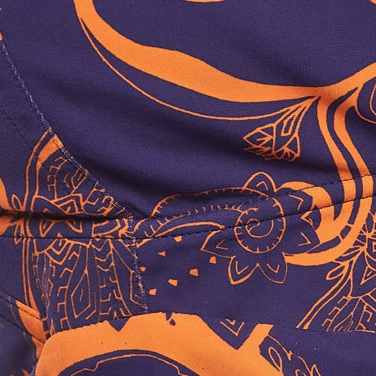 Pre Owned Roberto Cavalli Purple and Orange Printed Jersey Ruched Mini Dress M