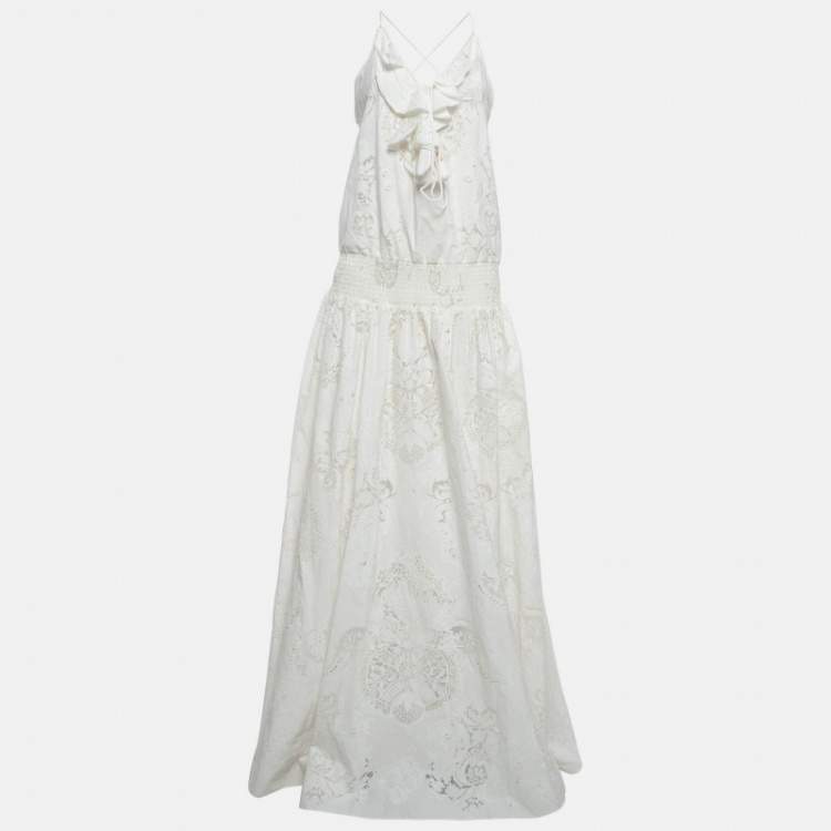 مملوكة مسبقًا Roberto Cavalli Off-White Semi Sheer Patterned Cotton Frill Detailed Maxi Dress M
