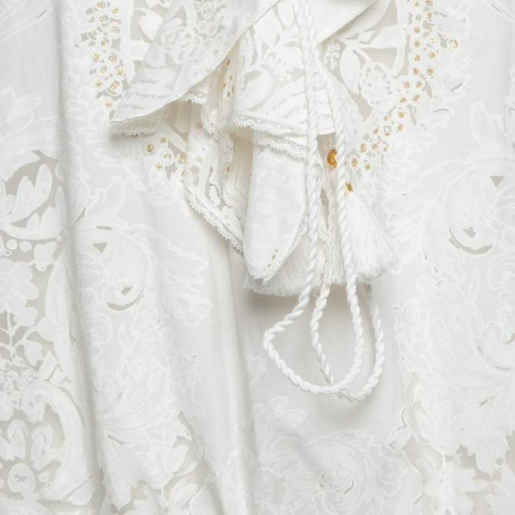 مملوكة مسبقًا Roberto Cavalli Off-White Semi Sheer Patterned Cotton Frill Detailed Maxi Dress M