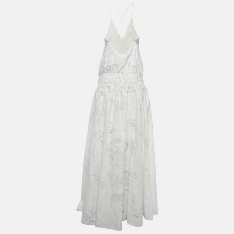 مملوكة مسبقًا Roberto Cavalli Off-White Semi Sheer Patterned Cotton Frill Detailed Maxi Dress M