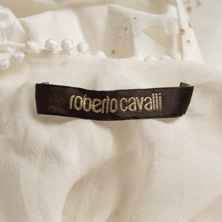 مملوكة مسبقًا Roberto Cavalli Off-White Semi Sheer Patterned Cotton Frill Detailed Maxi Dress M