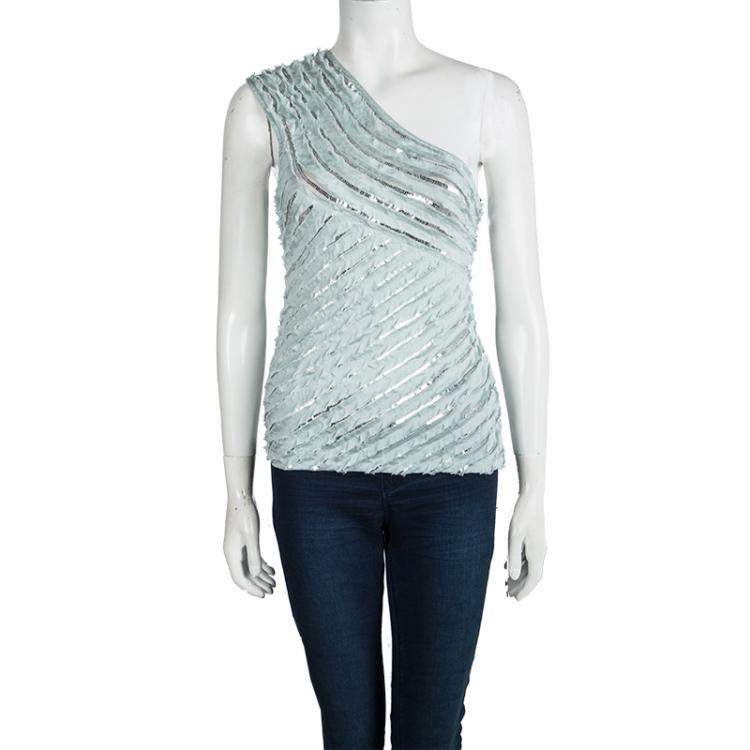 Pre Owned Roberto Cavalli Powder Blue Silk Ruffled Sequin Embellished One Shoulder Top S