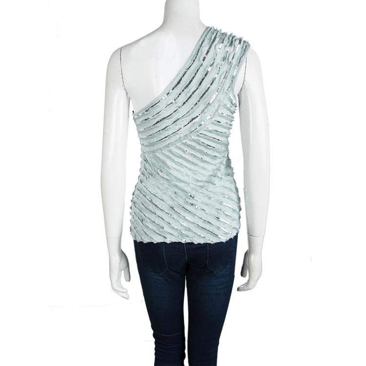 Pre Owned Roberto Cavalli Powder Blue Silk Ruffled Sequin Embellished One Shoulder Top S