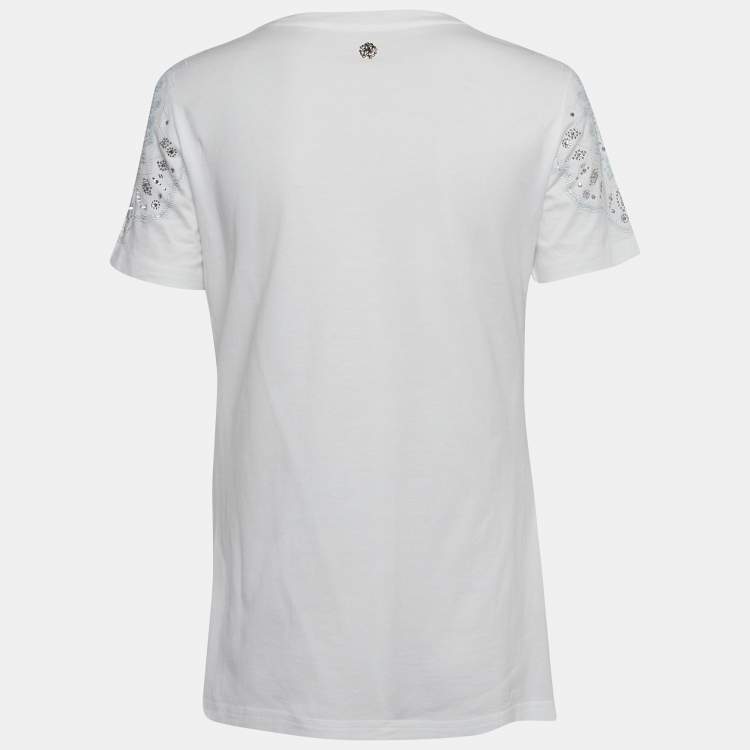 Pre Owned Roberto Cavalli White Crystal Embellished Jersey T-Shirt M