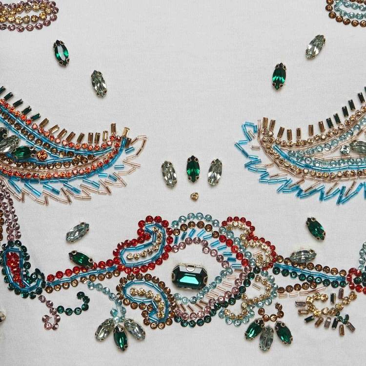 Pre Owned Roberto Cavalli White Crystal Embellished Knit Top M
