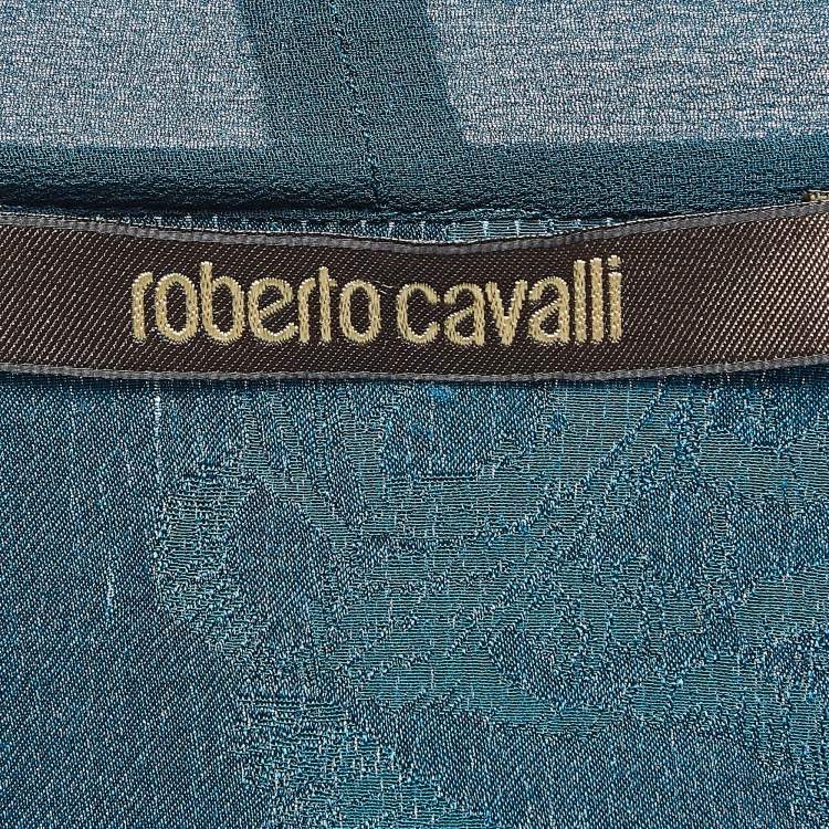 Pre Owned Roberto Cavalli Teal Blue Tiger Jacquard Embellished Blouse S