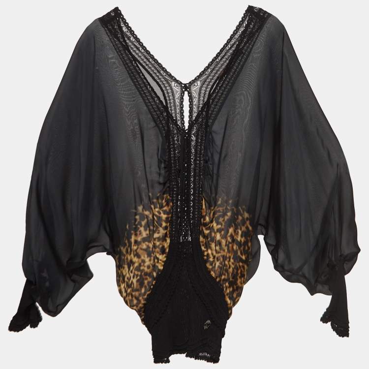 Pre Owned Roberto Cavalli Black Animal Print Long Sleeve Silk Blouse S