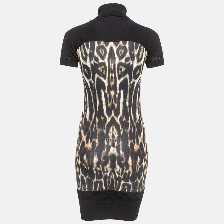 Pre Owned Roberto Cavalli Black Animal Print Knit Turtleneck Sweater Dress S