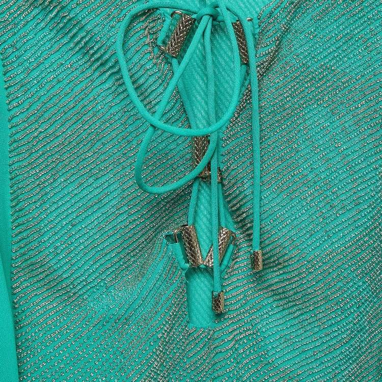 Pre Owned Roberto Cavalli Green Beads Embellished Silk Lace Up Maxi Kaftan M