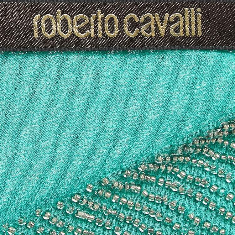 Pre Owned Roberto Cavalli Green Beads Embellished Silk Lace Up Maxi Kaftan M