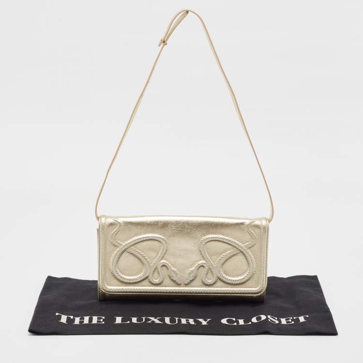 Pre Owned Roberto Cavalli Gold Snake Embossed Leather Clutch