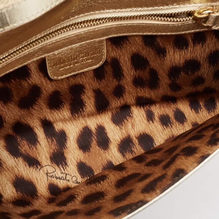 Pre Owned Roberto Cavalli Gold Snake Embossed Leather Clutch