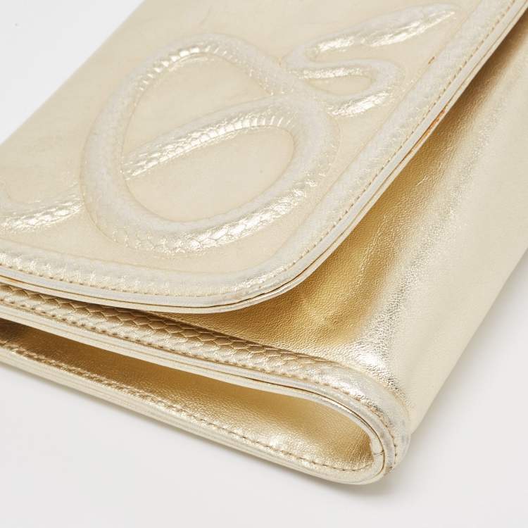 Pre Owned Roberto Cavalli Gold Snake Embossed Leather Clutch