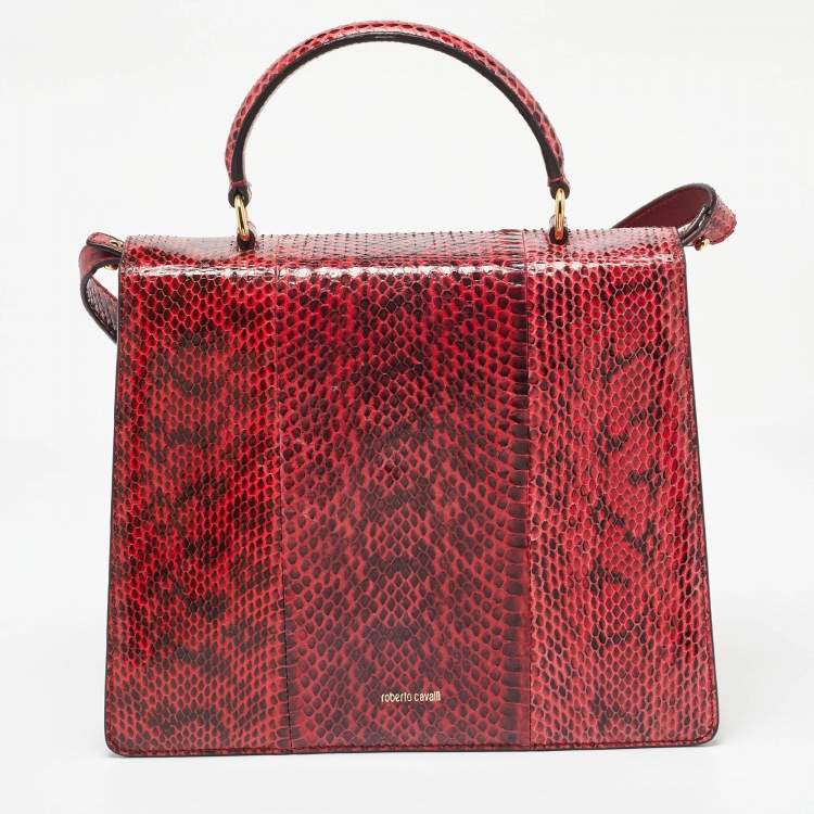 Pre Owned Roberto Cavalli Red Water Snakeskin Flap Top Handle Bag