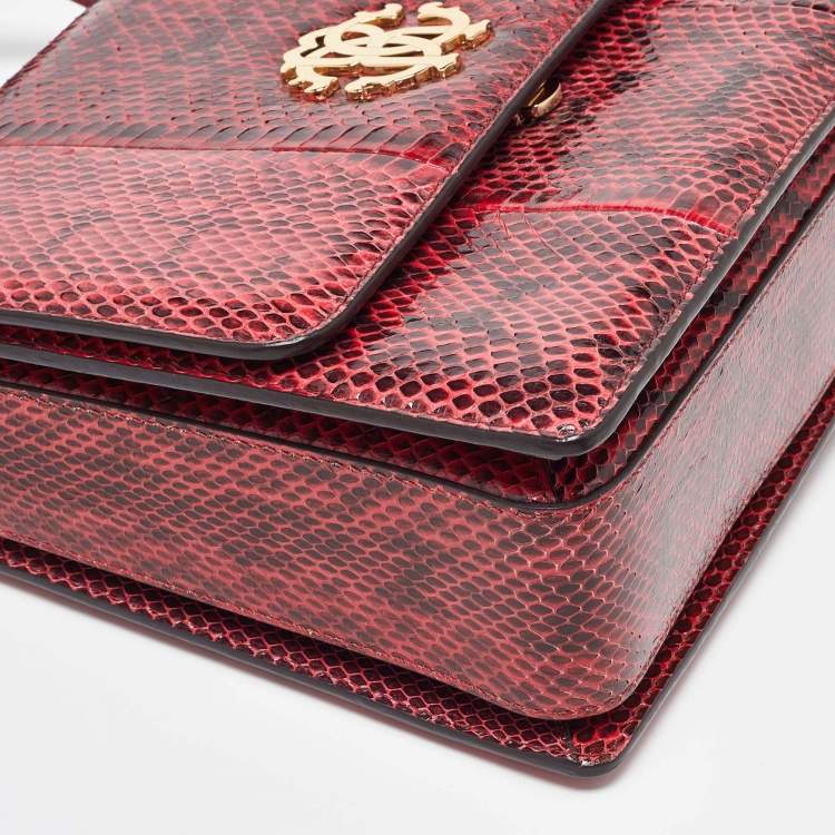 Pre Owned Roberto Cavalli Red Water Snakeskin Flap Top Handle Bag