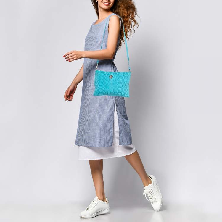 Pre Owned Roberto Cavalli Blue Python Shoulder Bag