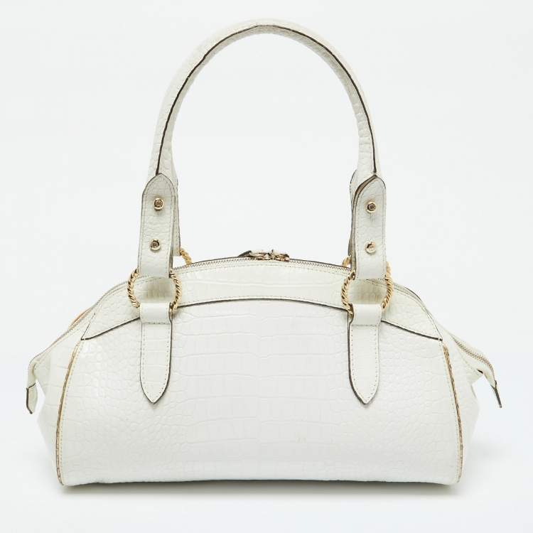 Pre Owned Roberto Cavalli White/Gold Croc Embossed Leather and Snakeskin Satchel
