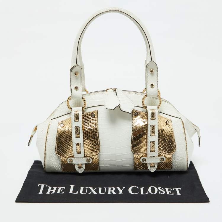 Pre Owned Roberto Cavalli White/Gold Croc Embossed Leather and Snakeskin Satchel