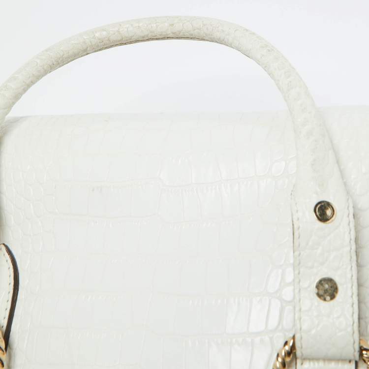 Pre Owned Roberto Cavalli White/Gold Croc Embossed Leather and Snakeskin Satchel