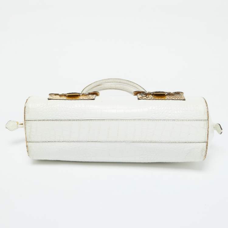Pre Owned Roberto Cavalli White/Gold Croc Embossed Leather and Snakeskin Satchel